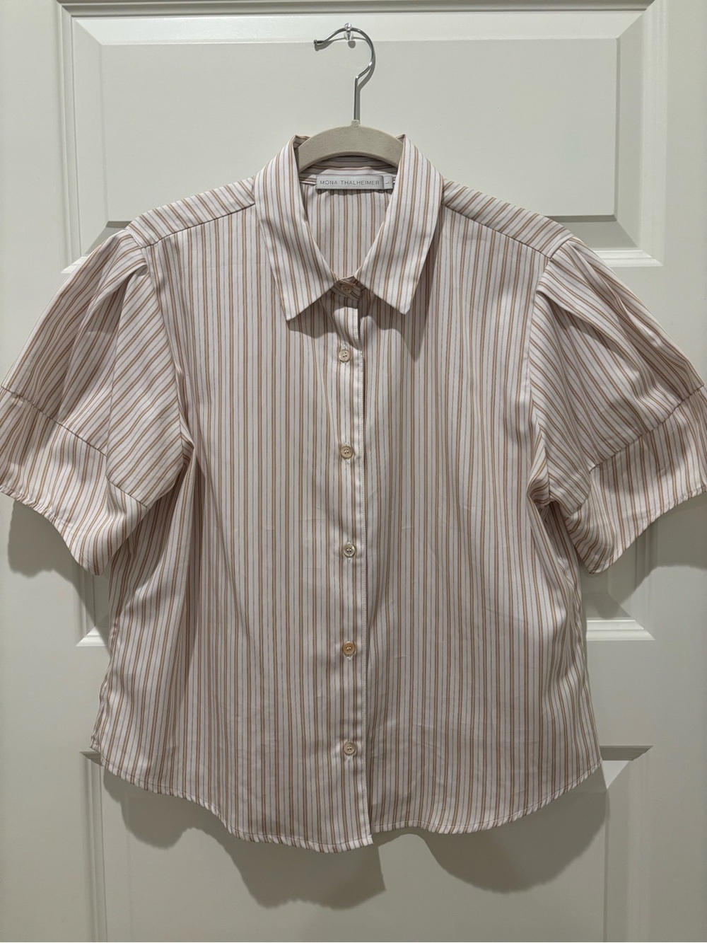 Mona Thalheimer Striped Short Sleeve Button-Up — Ivory & Tan